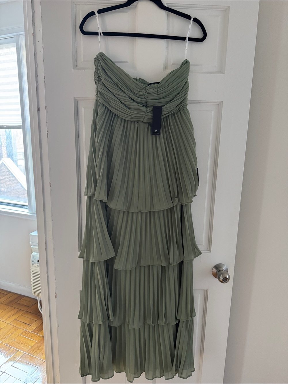 Lulu's Sage Green Tiered Pleated Strapless Maxi Dress